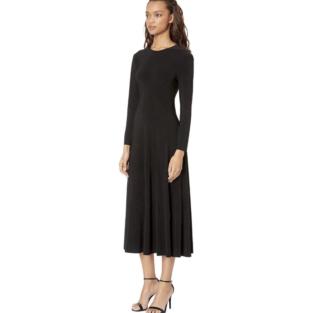 Norma Kamali Long Sleeve Flared Midi Dress Large/40 Black Jersey Swing